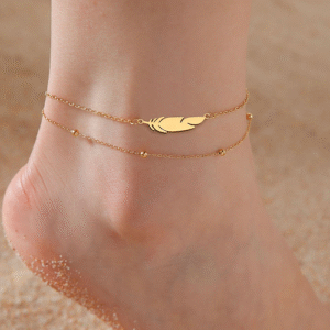 1pc Double-Layer Stainless Steel Feather & Beaded Anklet - Yellow Gold