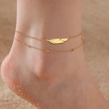 1pc Double-Layer Stainless Steel Feather & Beaded Anklet - Yellow Gold