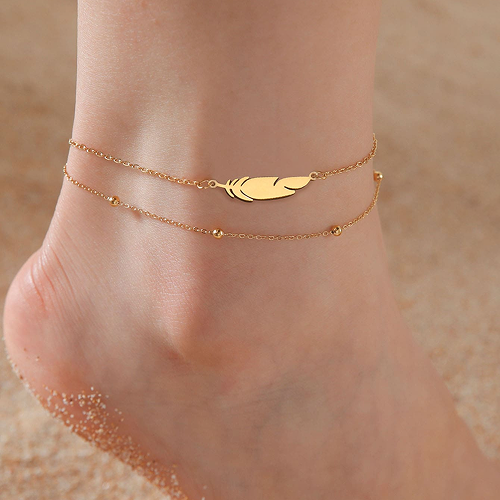 1pc Double-Layer Stainless Steel Feather & Beaded Anklet - Yellow Gold